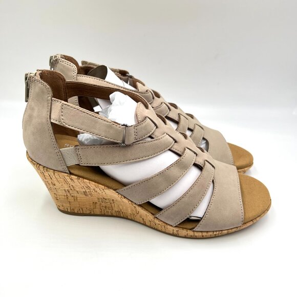 8.5W 8.5 WIDE WIDTH Rockport Briah‎ Gladiator Taupe Brown Wedge Sandals Shoes - Picture 1 of 15